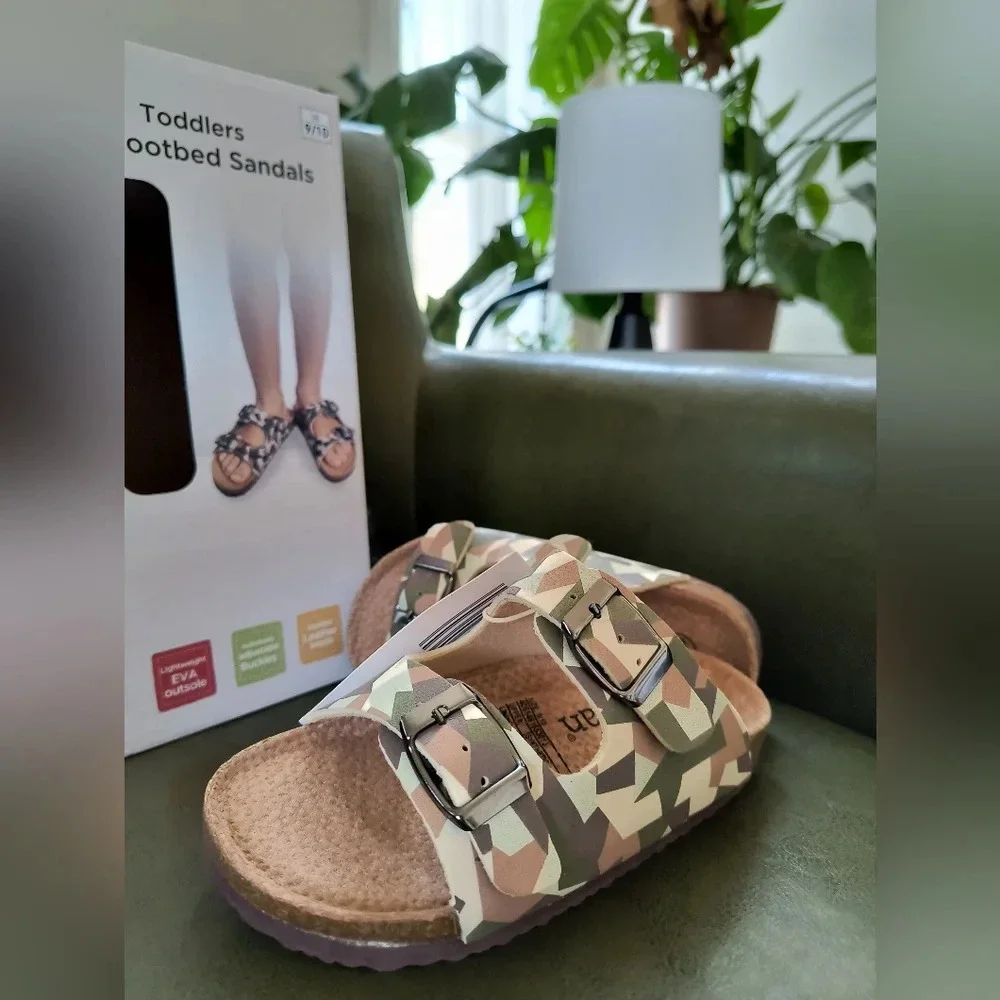 Cream tan brown green Birkenstock style sandals kids camouflage style pattern